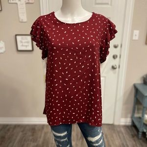 Burgundy Printed Ruffle Short Sleeve Blouse
